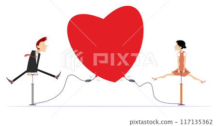 Fall in love. Happy man and woman inflate a heart. Cartoon young man and woman inflate a big heart with pump. Heart shape. Concept illustration 117135362