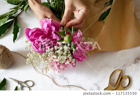 pink persian buttercup flowers in hands. Curly peony ranunculus. Empty spase 117135530