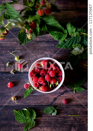 Fresh raspberries in bowl. Ripe juicy fresh raspberries. Organic raspberries, healthy food, vitamins, summer berry fruit. Long banner format. place for text. 117135667