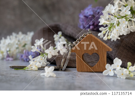 Real estate agent handing over house keys in hand Real estate agent handing over house keys in hand 117135714