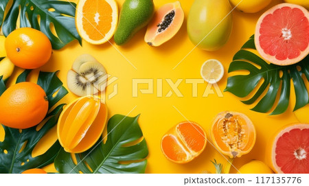 Assorted fresh tropical fruits on a yellow backdrop 117135776