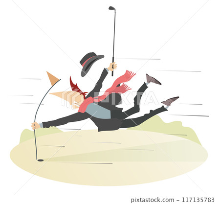 Bad weather and man on the golf course. Strong wind and frightened man with a golf club catches the golf flag 117135783