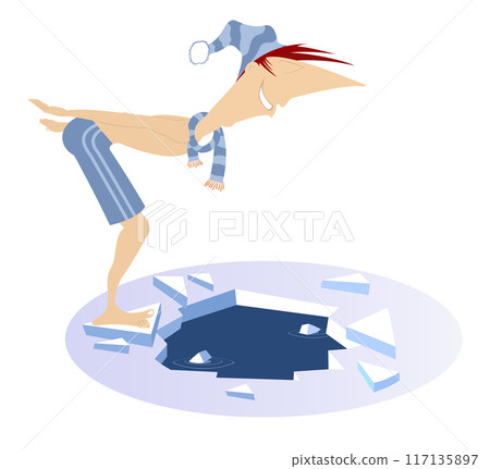 Winter swimming man. Funny man in scarf, hat is going to jump into the icy water and looks healthy and happy. Isolated on white background Winter swimming man. Funny man in scarf, hat is going to jump into the icy water and looks healthy and happy. Isolated on white background 117135897
