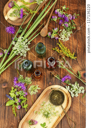 Bottles of tincture, medicinal herbs 117136220