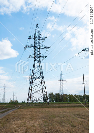 High voltage lines and power pylons in a flat and green agricultural landscape on a sunny day with cirrus clouds in the blue sky. High voltage lines and power pylons in a flat and green agricultural landscape on a sunny day with cirrus clouds in the blue sky. 117136244