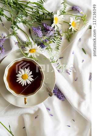 Herbal chamomile tea and chamomile flowers near teapot and tea glass. Rural or countryside background. Herbal chamomile tea and chamomile flowers near teapot and tea glass. Rural or countryside background. 117136349