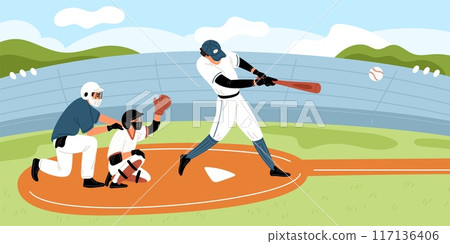 Baseball players on field. Sports championship. People fall down and hit ball with bat. Athletes in uniforms with helmets. Competitive match at stadium. Team game. Garish vector concept Baseball players on field. Sports championship. People fall down and hit ball with bat. Athletes in uniforms with helmets. Competitive match at stadium. Team game. Garish vector concept 117136406