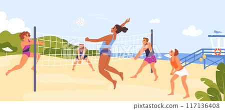 Beach volleyball players. Happy guys and girls hit and throw ball through net on seashore. Sports competitions on sandy coast. Outdoor tournament. Summer vacation. Garish vector concept 117136408