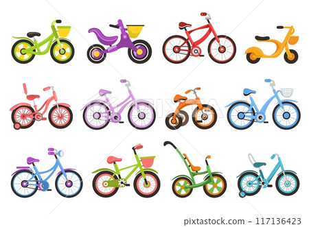 Cartoon kids bicycles. Colorful childish bikes. Babies two and three wheeled transport. Girly and boyish cute cycles. Tricycle shapes. Childhood transportation. Splendid vector set 117136423