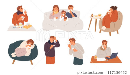 Cartoon people with flu symptoms. Sick men and women. Ill children. Family with cold in bed. Runny nose. Sore throat and malaise. Cough or sneeze. Medical treatment. Garish vector set 117136432