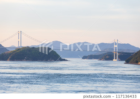 Summer evening view of the Seto Inland Sea, Kurushima Strait and Kurushima Kaikyo Bridge 117136433