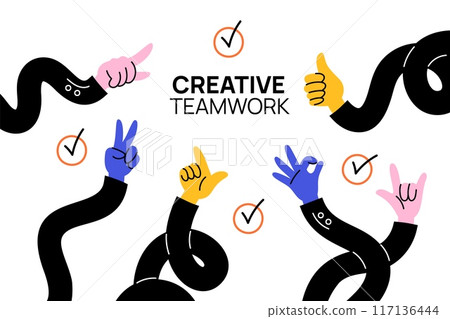 Flexible long business hands. Creative teamwork. Human arms in office suits. Employees team. Different success gestures. Ok or victory fingers icons. Gesturing palms. Garish vector concept Flexible long business hands. Creative teamwork. Human arms in office suits. Employees team. Different success gestures. Ok or victory fingers icons. Gesturing palms. Garish vector concept 117136444