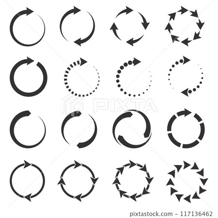 Reloading signs. Loading symbols. Minimal simple black icons. Arrows rotate in circle. Refresh or waiting process. Eco recycle. Spin direction. Vector graphic flat interface elements set 117136462