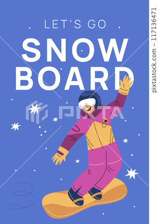 Winter sports people. Snowboarding athlete. Snowboarder in sportswear. Person rides from snow slope. Extreme mountain vacation. Freestyle downhill competition. Vector motivation banner 117136471