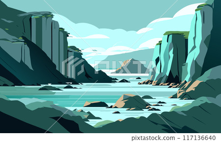Sea inlet surrounded by cliffs, vector illustration. Sea inlet surrounded by cliffs, vector illustration. 117136640