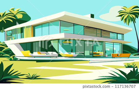 Landscape in green and blue tones with a white modern villa on the sand. Vector graphics 117136707