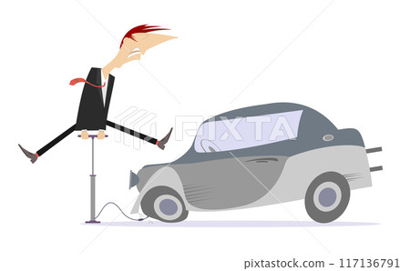 Funny man, pump and a broken car. Flat tire repair. Young man inflates the wheel on car with pump	 117136791