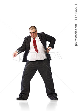 Full-length of serious fat businessman in formal wear and glasses, pointing with finger, giving orders to colleagues isolated on white background. Full-length of serious fat businessman in formal wear and glasses, pointing with finger, giving orders to colleagues isolated on white background. 117136801