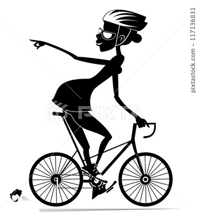 Cartoon woman rides a bike. Smiling woman in helmet on the bike looking back laughs and points a finger to someone or something. Black and white Cartoon woman rides a bike. Smiling woman in helmet on the bike looking back laughs and points a finger to someone or something. Black and white 117136831