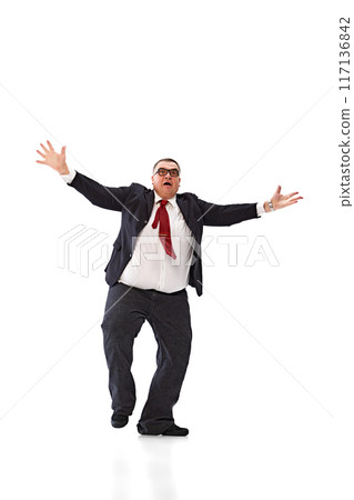 Catching new opportunities. Full-length of emotional fat businessman in black suit and glasses, spreading hands with emotive face isolated on white background. Catching new opportunities. Full-length of emotional fat businessman in black suit and glasses, spreading hands with emotive face isolated on white background. 117136842