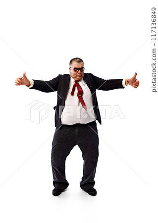 Motivation for employees. Fat businessman in black suit and glasses, dancing, showing positive energy isolated on white background. Motivation for employees. Fat businessman in black suit and glasses, dancing, showing positive energy isolated on white background. 117136849