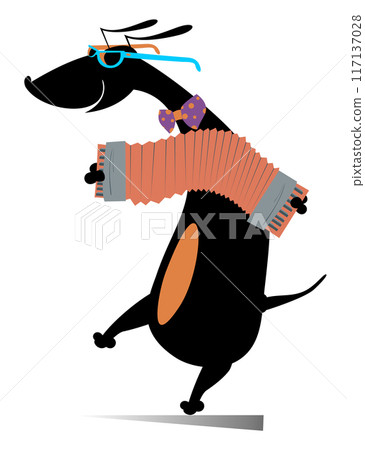 Cartoon dog playing accordion. Dog a musician. Cartoon dog performing music on the accordion with inspiration. Isolated on white background Cartoon dog playing accordion. Dog a musician. Cartoon dog performing music on the accordion with inspiration. Isolated on white background 117137028