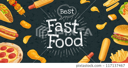 Horizontal poster fast food menu. Vector realistic color 117137467