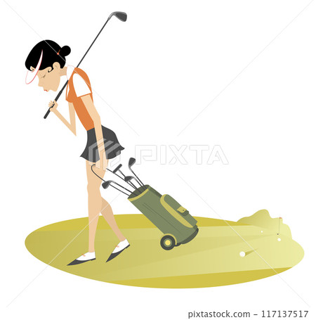 Upset golfer woman walk away from the golf course. Sad golfer woman with a golf club on the shoulder and golf bag walks away from the golf course 117137517