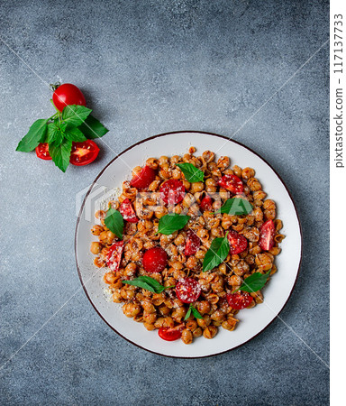 Tuscan pasta with smoked paprika and basil,parmesan cheese, Italian traditional cuisine, 117137733