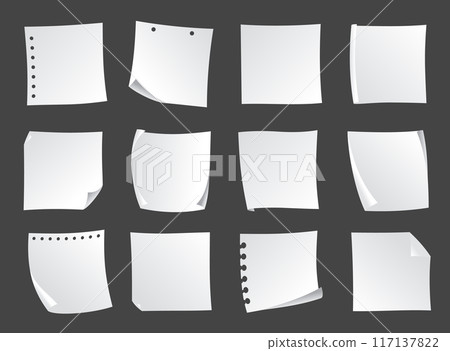 Sticky notes set. Blank note paper sheets. Information reminder. Notepads and memo messages, paper sheets. Vector illustration Sticky notes set. Blank note paper sheets. Information reminder. Notepads and memo messages, paper sheets. Vector illustration 117137822