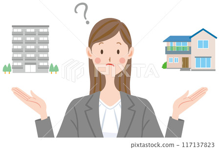 一名婦女想知道是否購買或租賃房屋或公寓的插圖 一名婦女想知道是否購買或租賃房屋或公寓的插圖 117137823