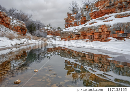 Snow-Covered Rocky Canyon Landscape with Calm River Reflection - Nature and Winter Scenery Photography for Wall Art or Decor Generative AI 117138165