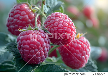 Fresh Ripe Red Raspberries on the Vine in a Dewy Morning Garden - Ideal for Spring Harvest Themes and Health Promotion Designs Generative AI 117138224