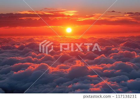 Stunning Sunset Over a Sea of Clouds - Perfect for Travel Promotions and Nature-Themed Designs Generative AI 117138231