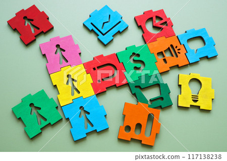 Pieces of a colored puzzle symbolizing a marketing campaign. Pieces of a colored puzzle symbolizing a marketing campaign. 117138238
