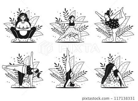 Diverse Women in Line Art Doing Yoga 117138331