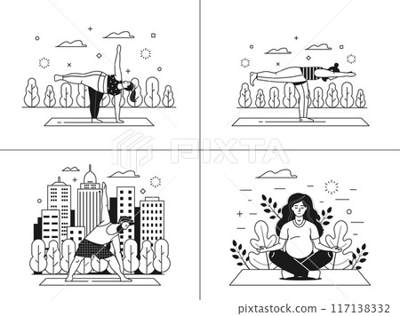 Diverse People Doing Yoga Outdoor Workout at Park 117138332