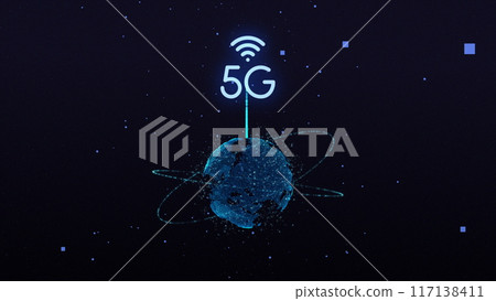 Global networking and digital future. 5G with glowing lines radiating outward, power and speed. 117138411