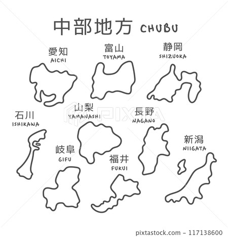 Simple map of the Chubu region of Japan - Illustration 117138600
