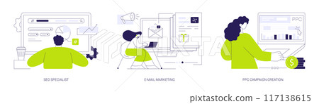 Digital marketing services abstract concept vector illustrations. Digital marketing services abstract concept vector illustrations. 117138615