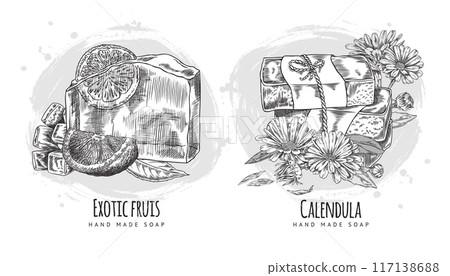 Handmade natural exotic fruits and calendula essential oil soap engraved hand drawn vector set, herbal aroma soap bricks 117138688