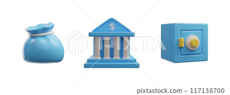3D icon of a bank, a safe and a bag tied with twine full of money 3D icon of a bank, a safe and a bag tied with twine full of money 117138700