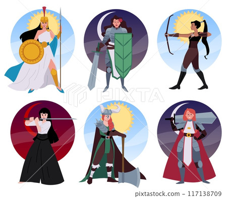 Set of illustrations of mythical women warriors on a round background. Set of illustrations of mythical women warriors on a round background. 117138709