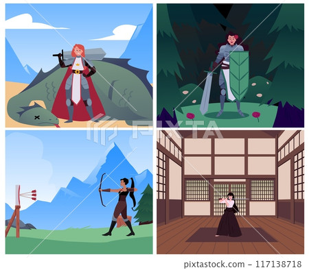 Warrior women in action vector illustration set Warrior women in action vector illustration set 117138718