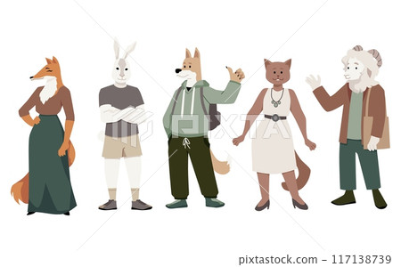 Anthropomorphic animals vector set, cute dressed furry dog, fox cat, sheep and hare posing full length in casual clothes 117138739