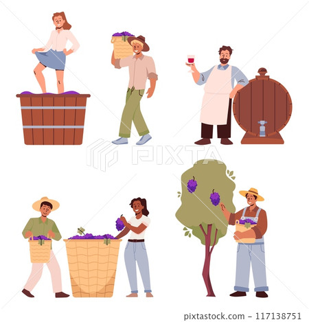 The characters collect grapes, trample them and enjoy the finished grapes. 117138751
