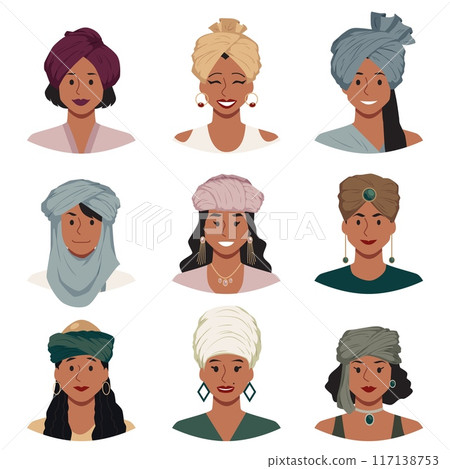 Set of men and women wearing traditional turbans. Isolated background. 117138753