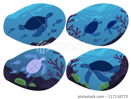 Sea turtles in ocean bottom wild life with fish, corals algae, cartoon marine animals, sea amphibian vector set in frame 117138775