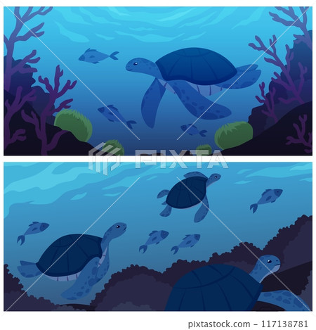 Sea turtles in ocean bottom wild life with fish, corals and algae, cartoon marine animals, sea amphibian vector set 117138781