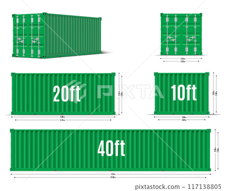 Metal cargo container mockup, green vector set with dimensions. Metal cargo container mockup, green vector set with dimensions. 117138805